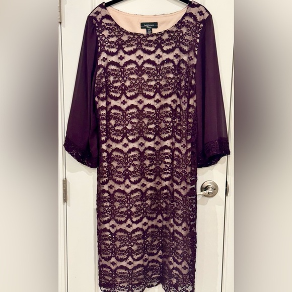 R&M Richards Plum Formal Lace Sequin Floral Sheath Dress 14W Mother of Bride - Picture 5 of 13